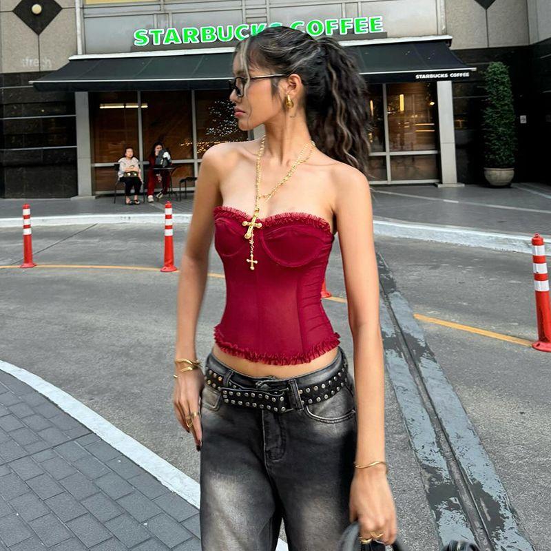 

# Sisjuly# Summer Hot Young Adult out of the Street Bi Spare Wooden Ear Chest Shape Fishbone Tube Top Women s Silm Short Top Red S