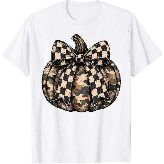 Camo Pumpkin with Checkered Bow Cute Fall Halloween Season T-Shirt