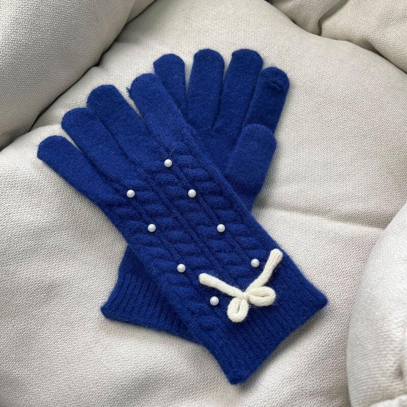 Pearl Bowknot Warm Wool Knitted Gloves