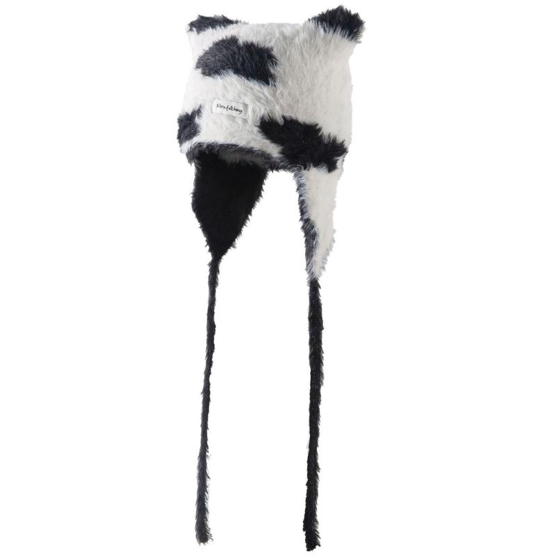 

Модная шапка с кошачьими ушками для зимы, пушистая плюшевая шапка-бини для женщин, уличный головной убор для кемпинга, прогулок, ветрозащитная шапка-ушанка черный белый