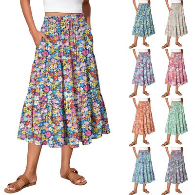 Womens Maxi Skirt Drawstring High Waisted Summer Long Skirts Lightweight Tiered Flowy Floral Pleated Skirts