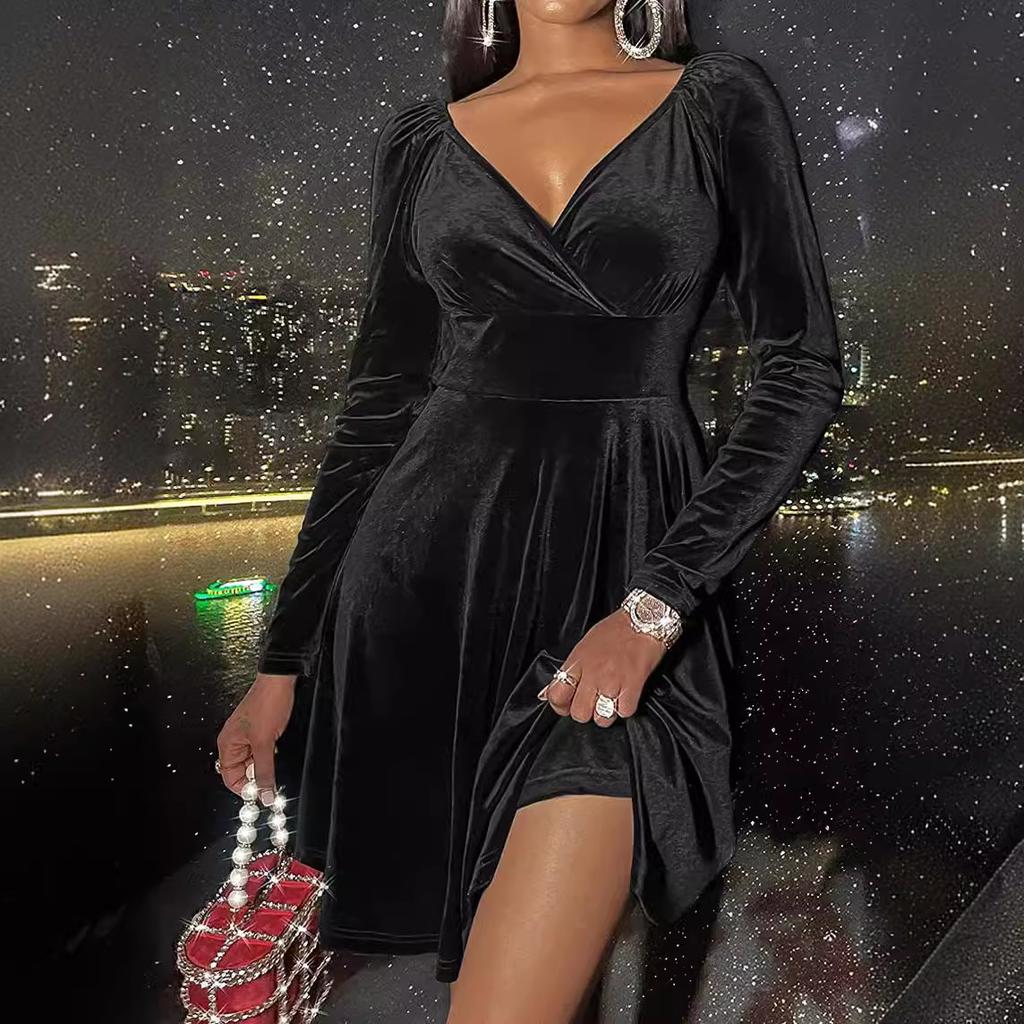 Autumn Winter New Women's Christmas Dress V-Neck Velvet Long Sleeve Sexy Waist-Defined Mini Dress Velvet Skirt Holiday Dress