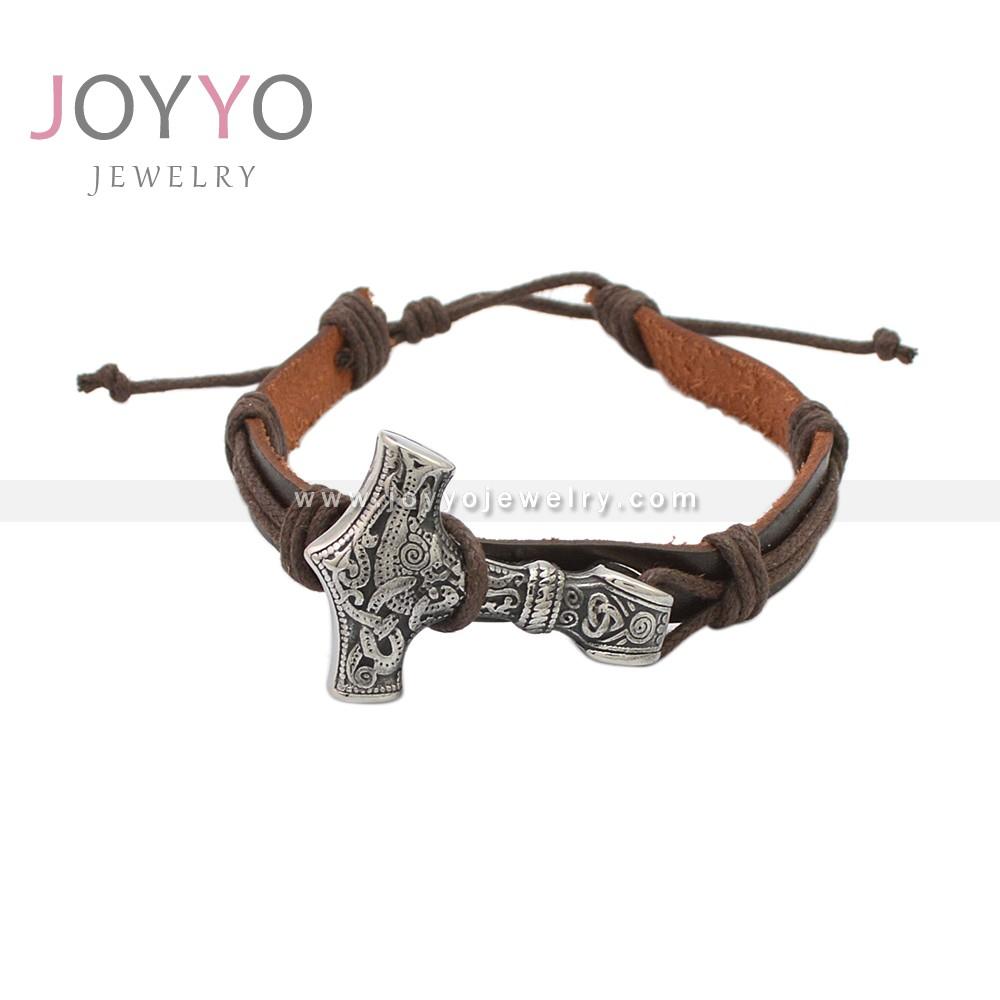 Viking Bracelet 316L Stainless Steel Thor Hammer Adjustable Leather Rope Cords Bracelet for Mens 23cm&Punk