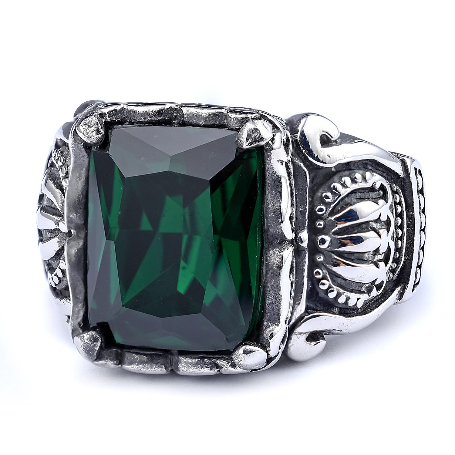 

Cool Stainless Steel Mens Womens Statement Crown Green CZ Stone Ring Size 7-15 8