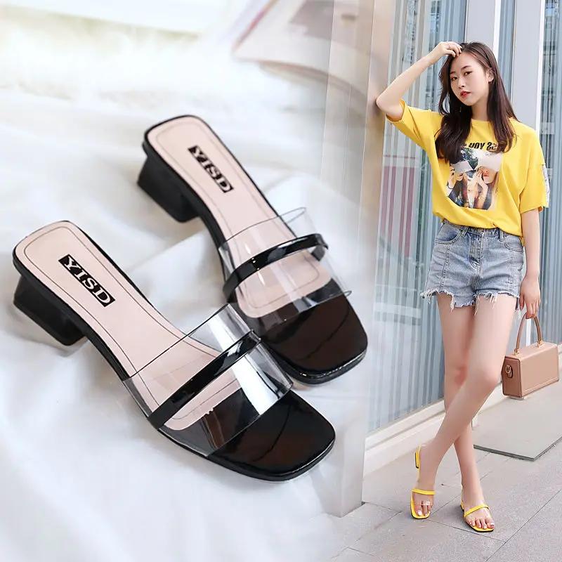 Fashion Outside Slides Indoor Shoes for Women Job Sandals Black Heeled Open Toe Woman Slippers Transparent Shoe Sale Luxury on Promotion