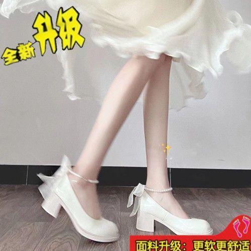

Pearl bow ribbon single shoes women s summer thin with skirt thick heel Mary Jane small leather shoes 40