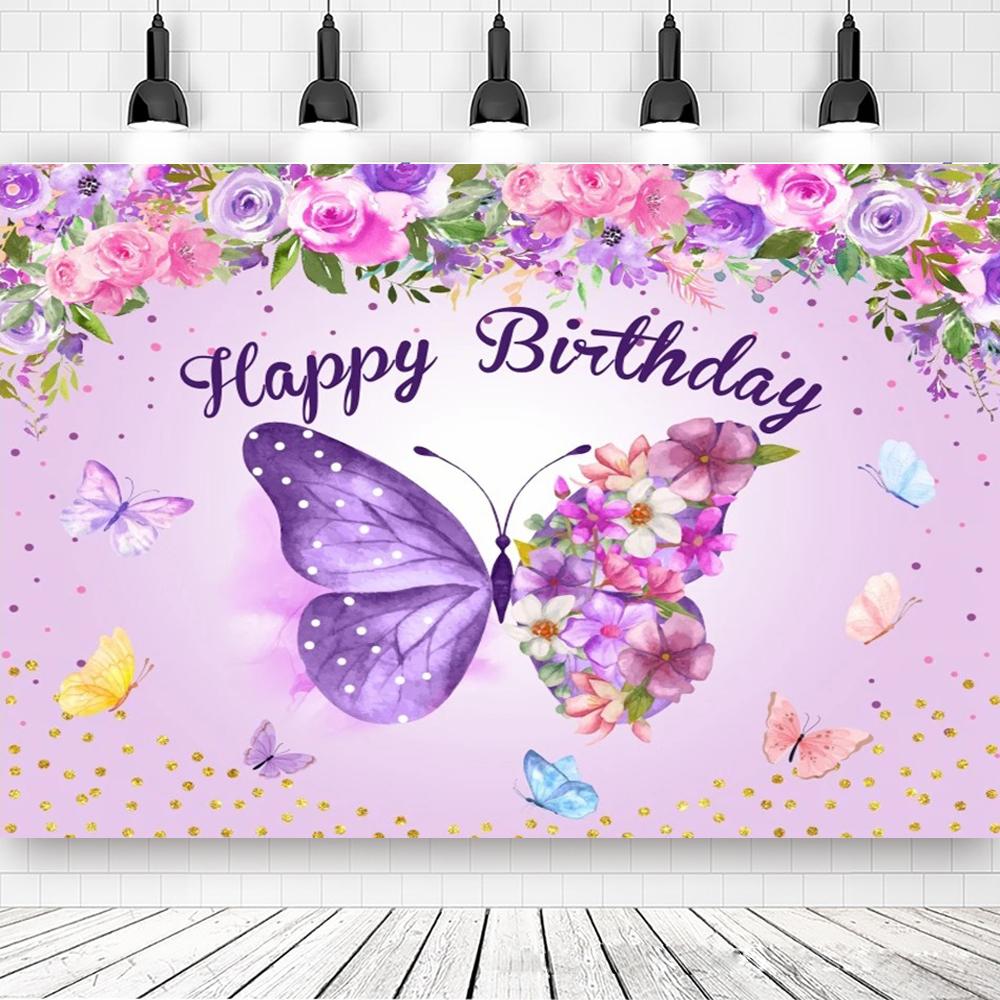 Butterfly Birthday Party Background Girls Fairy Princess Purple Pink Floral Gold Kids Table Banner Decor Photography Background