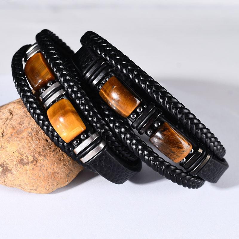 Men's Tiger Eye Woven Leather Bracelet - European & American Retro Style with Stainless Steel Handmade Jewelry.