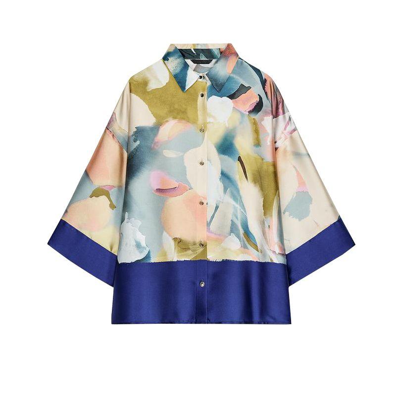

Spring and Summer New Women clothes Western Style Lapel Print Silk Satin Texture Fashion Long sleeve Shirts 2836247 Multicolor L