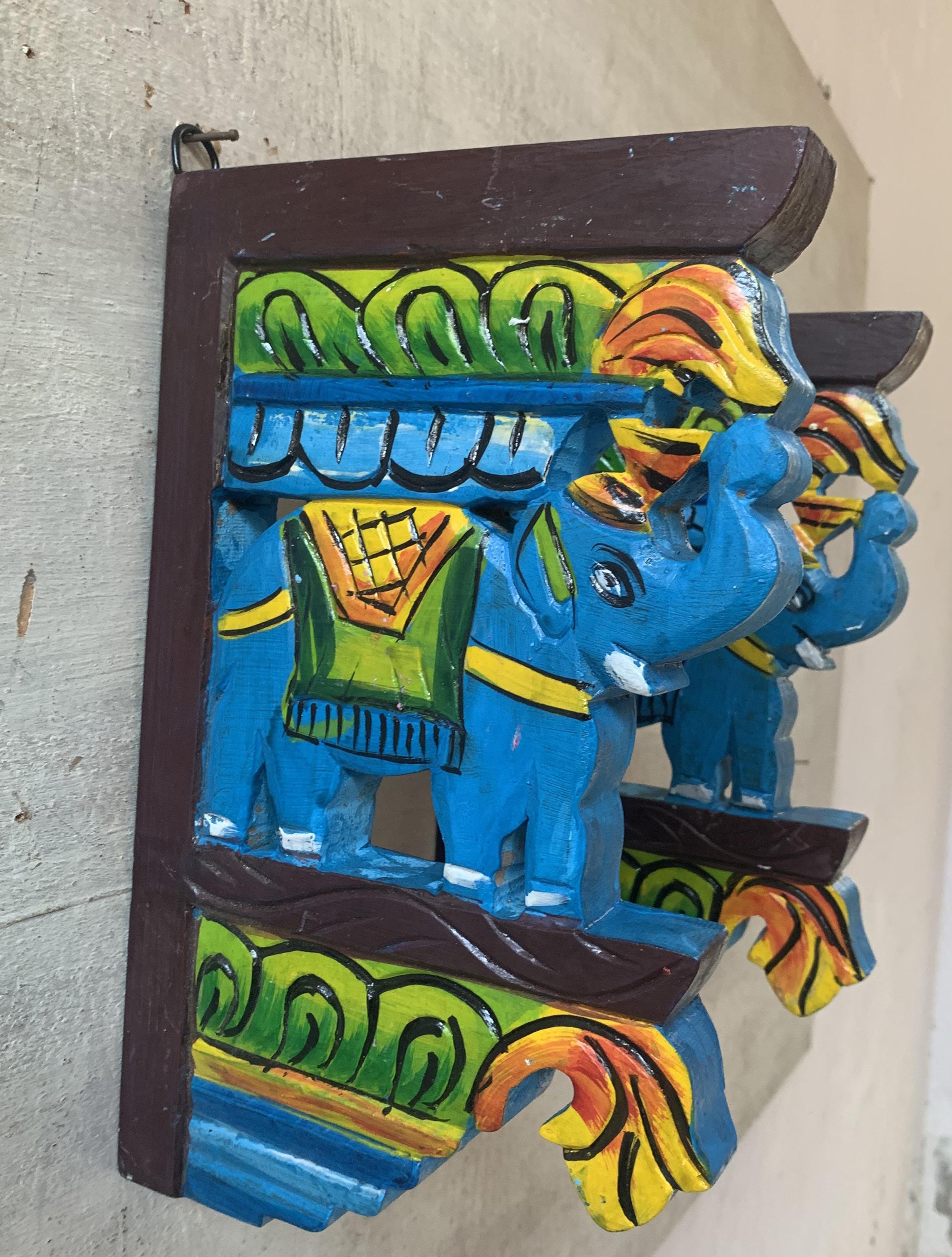 

Hand Carved Wooden Elephant Wall Panel: Indian Folk Art Decor 18” X 9” X 24” (l x w x h) разноцветный