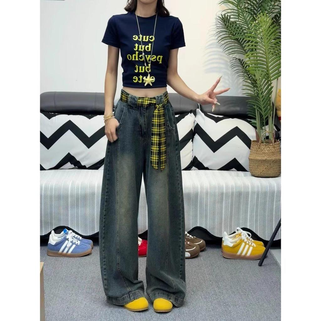 Retro Blue High Waist Wide Leg Jeans for Women - Floor Length, Loose Fit, Trendy Autumn Style.