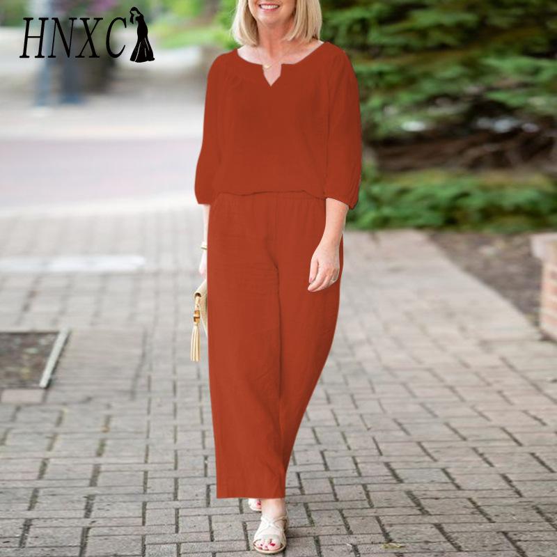 HNXC Plus Size Women Casual Button Mid Sleeve Pocket Solid Colour Cotton V-Neck Top Pants Set