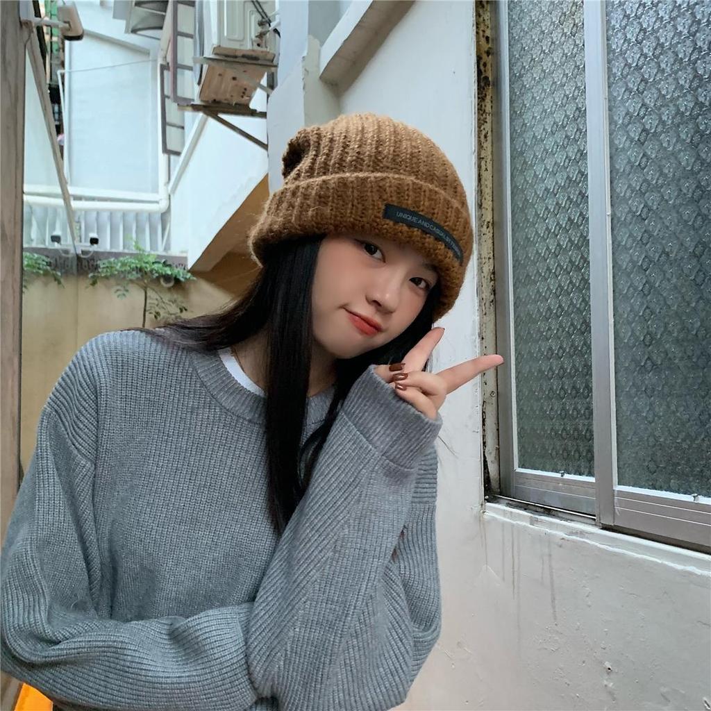 Hat Women's Autumn and Winter New Fashion Versatile Patch Big Head Circumference Thick Woolen Hat Showing Face Small Warm Knitted Hat Cold Hat