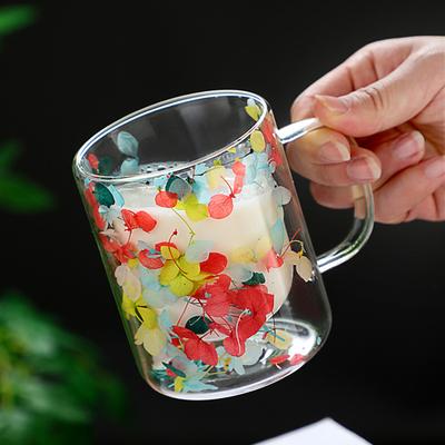 Double Wall Glass Coffee Mug with Handle Colorful Petal Design Tumbler Creative Insulated Cup for Hot