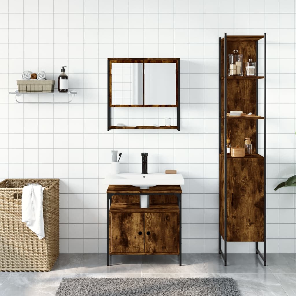 3 Piece Bathroom Furniture Set Smoked Oak Wood Based Material