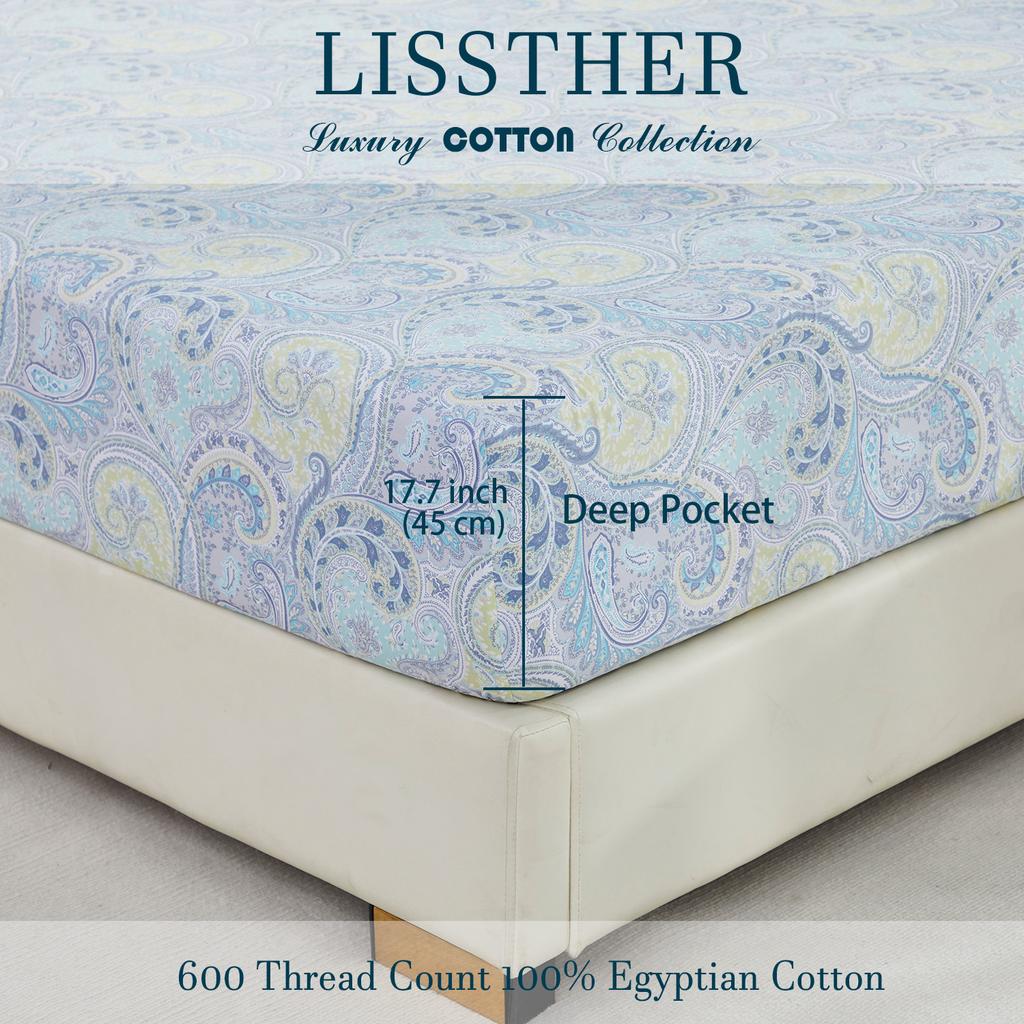 4Pcs 600 Tc 100% Egyptian Cotton Fitted Sheet Set (Without Core), Vintage Classic Blue Damask Paisley, Soft & Skin-Friendly