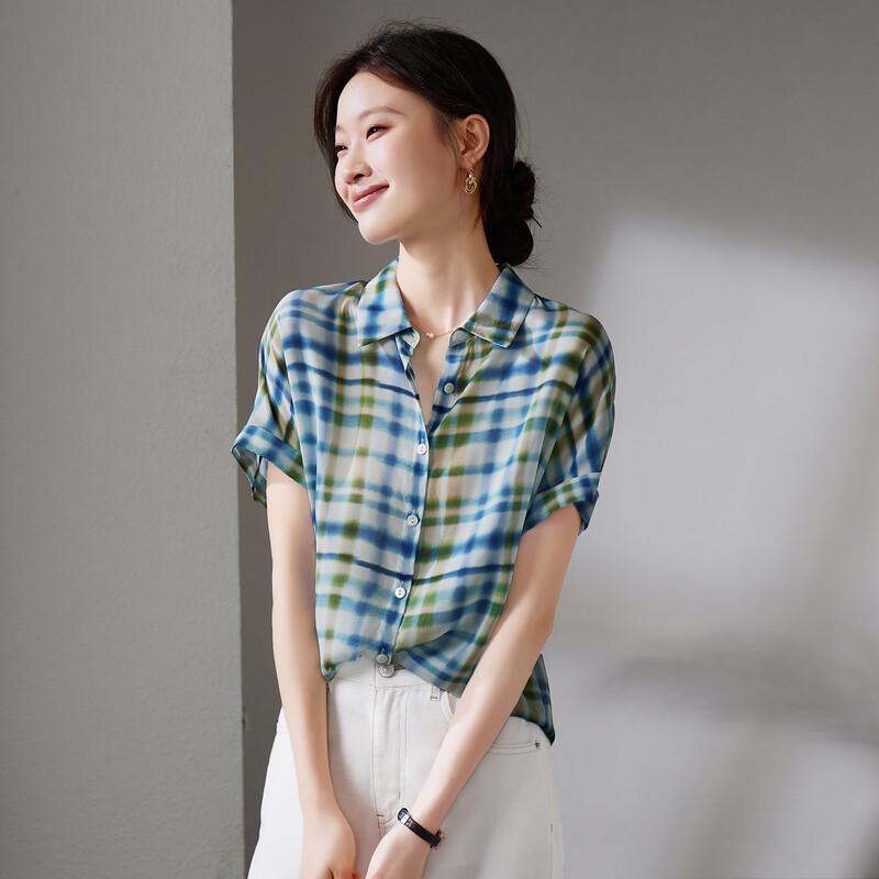 SOFSIL Women's Retro Plaid Silk Short-Sleeve Shirt