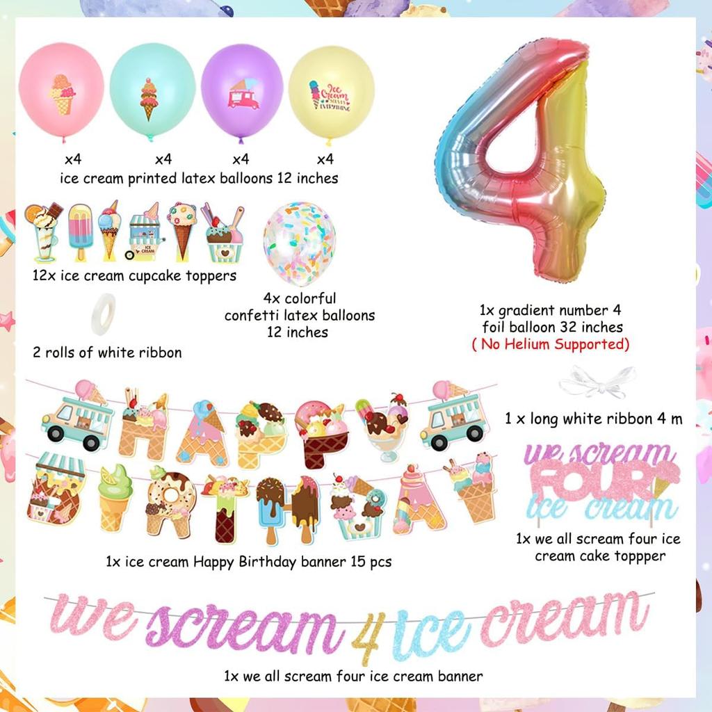 Ice Cream Birthday Party Decorations for 4 Girls Donut 4th Birthday Party Decorations We Scream 4 Ice Cream Banner Cake Topper Cupcake Toppers