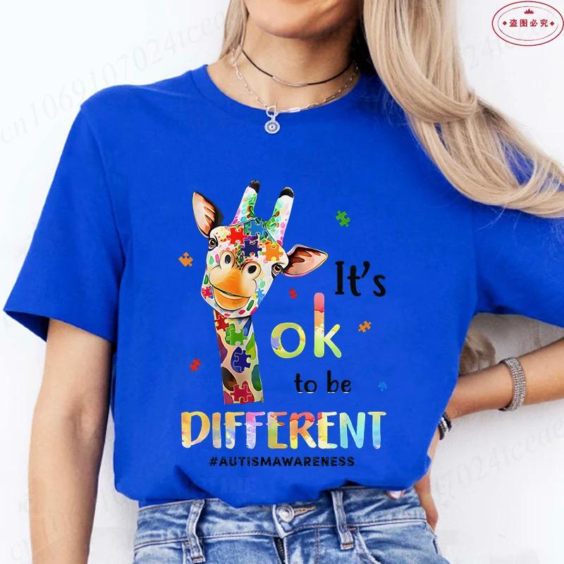 Je v pořádku být jiný Tričko s žirafou pro ženy Povědomí o autismu Akceptace Letní trička s krátkým rukávem Grafické Y2k topy