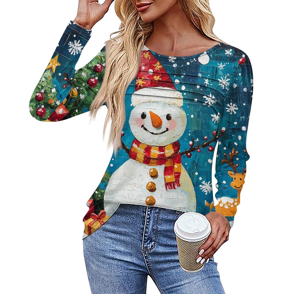 Ladies' Casual Fashion Printed Round Neck Long Pleated T-shirt Top Christmas