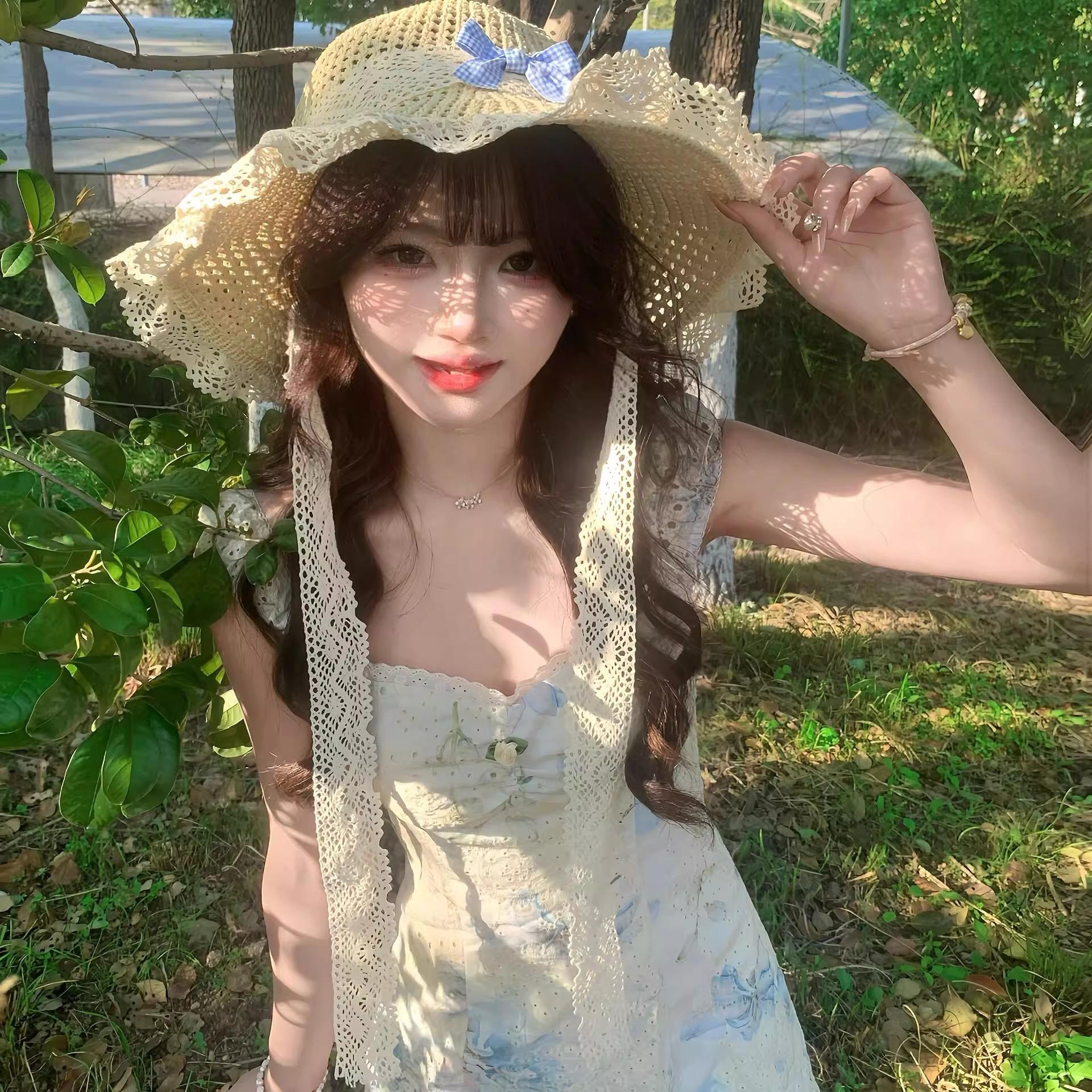 

Big brim bow straw hat female Japanese idyllic summer seaside UV protection outdoor sunshade sun protection hat One size fits all світло-жовтого кольору
