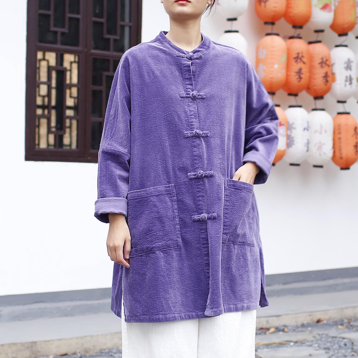 

Johnature Women Vintage Winter Corduroy Shirts Tops Solid Color Stand Long Sleeve Blouses Thick Purple Pockets Shirts One Size фіолетовий
