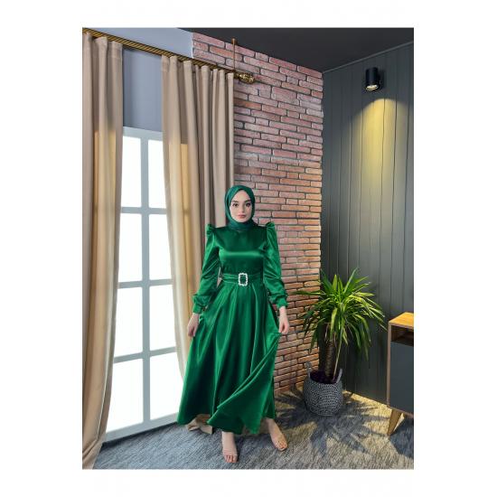 Women's Satin Hijab Evening Dress with Stone Buckle Waist and Flared Skirt