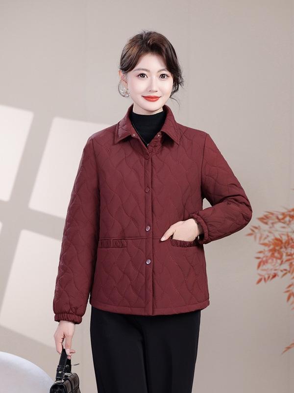 Lightweight Autumn/Winter Cotton Jacket for Middle-Aged & Elderly Women - Solid Color Casual Outerwear with Lapel