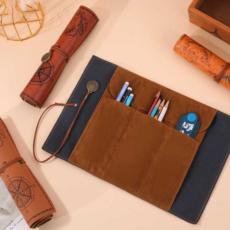 1 PCS Retro Treasure Map Roll Pencil Case PU Leather Big Capacity Pen Bag Makeup Brush Pouch Pencilcase School Stationery Supplies