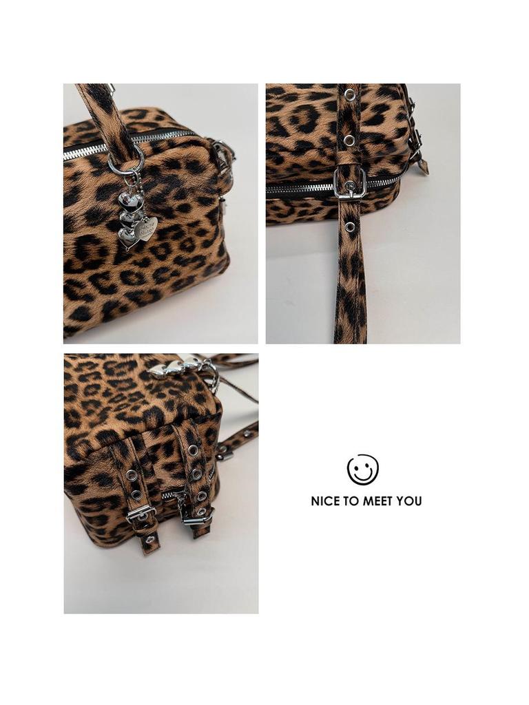 Leopard Print Retro Studded Bowling Bag - Women's 2025 Shoulder Handbag