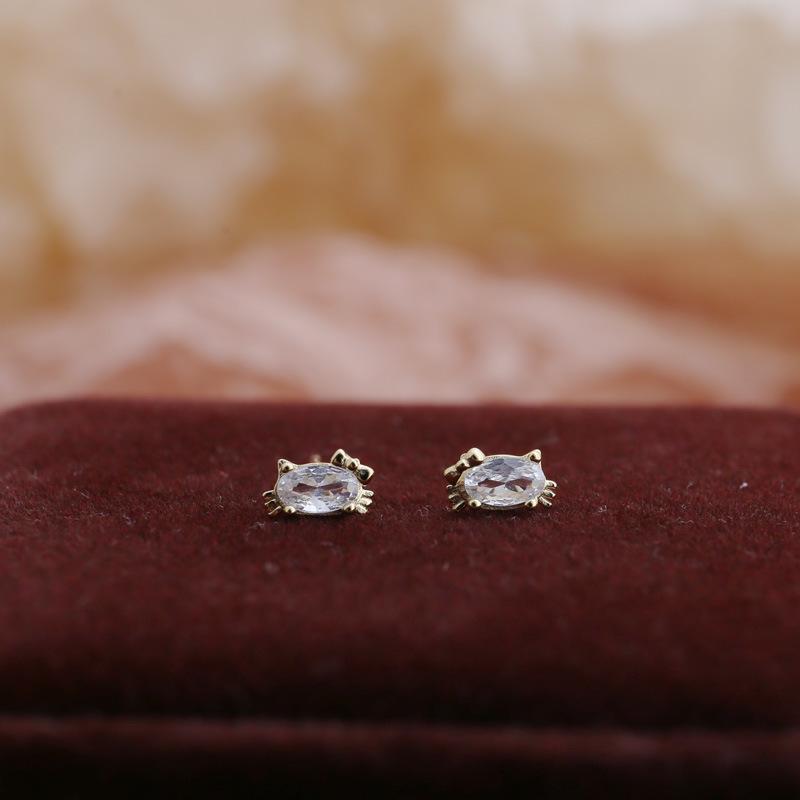 Zircon Hello KT Cat Earrings Women's Cute Small Sweet Earrings New Fashionable Versatile Earrings