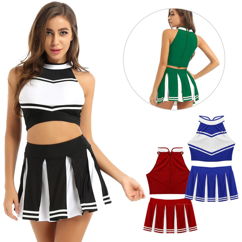 Women's School Girls Cheer Leader Uniform Suit 2Pcm Cheerleading Costume Role Play Outfit Set