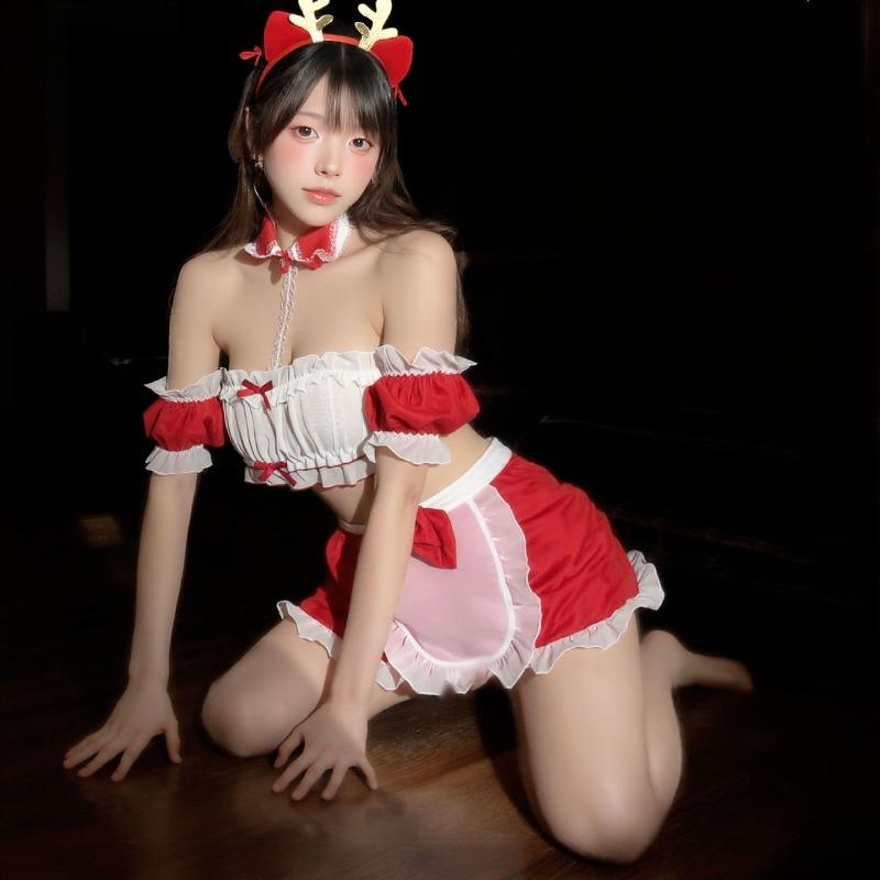 Sexy Christmas Maid Strapless Uniform Set with Exposed Buttocks No Need To Take Off Tempting Passionate and Fun Christmas Robe