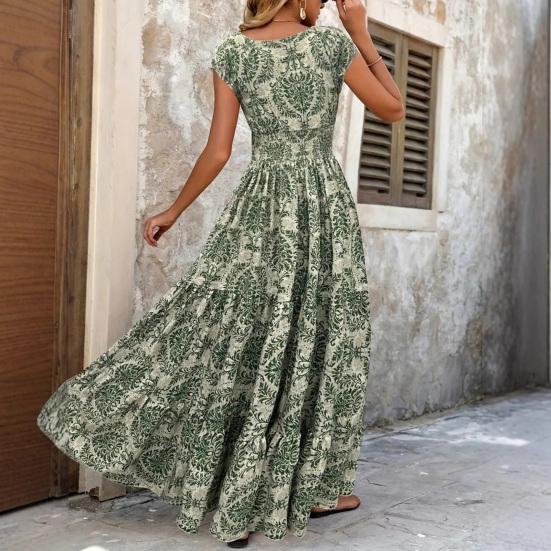 Women's Boho Floral Print Maxi Dress Short Sleeve V Neck Long Dress
