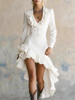 Women's Retro Elegant V-Neck Ruffle Dress - Casual Western Pastoral Style, Solid Color
