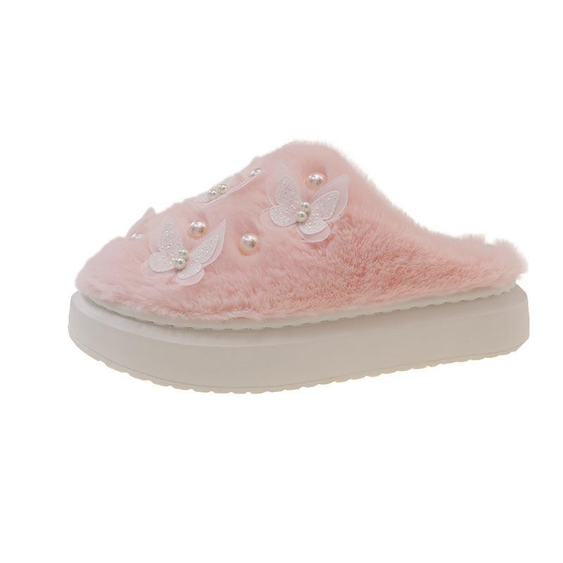 

Fashion Cute Butterfly Decor Fluffy Slippers for Women Winter Thickened Warm Plush House Shoes Woman Thick Sole Pearl Indoor Slippers 36-37 розовый