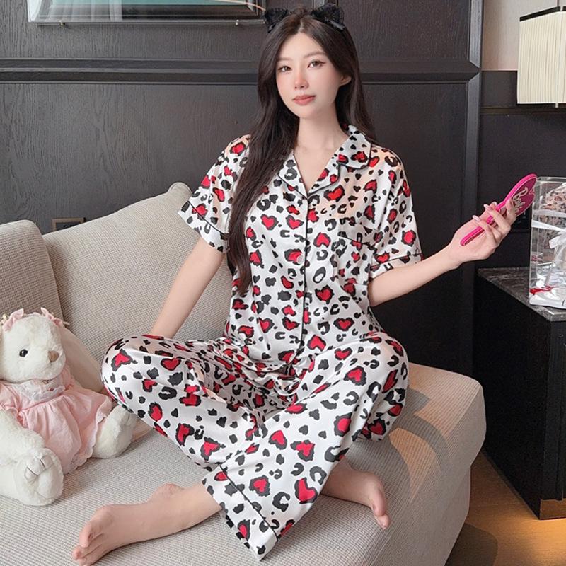 Girls Light Luxury Leopard Print Ice Silk Pajamas Women S Spring And Autumn Long-Sleeved Printed Love Loungewear Set M