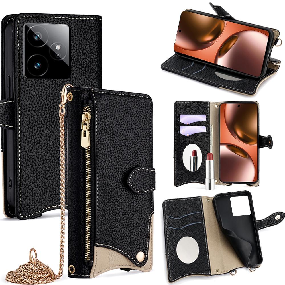 Für Realme GT 7 5G Lederhülle Brieftasche Ständerabdeckung Unregelmäßiger Schwanzstil mit Kettentragegurt