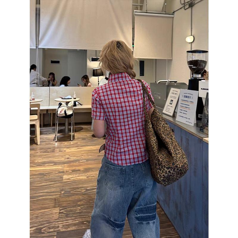 Women's Summer Retro Plaid Slim Fit Short-Sleeve Shirt - Versatile & Casual
