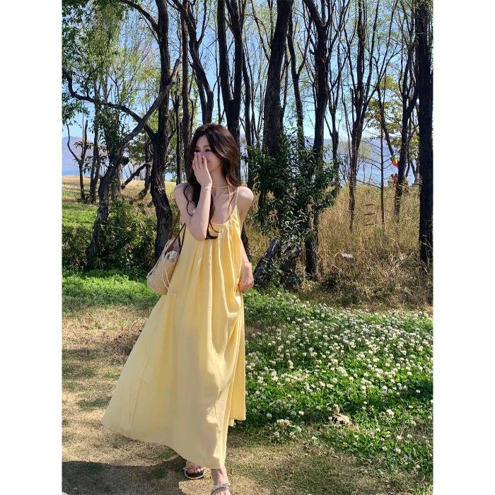 

French yellow suspender dress women s clothing summer seaside vacation style wear skirt loose A-shaped skirt long skirt S