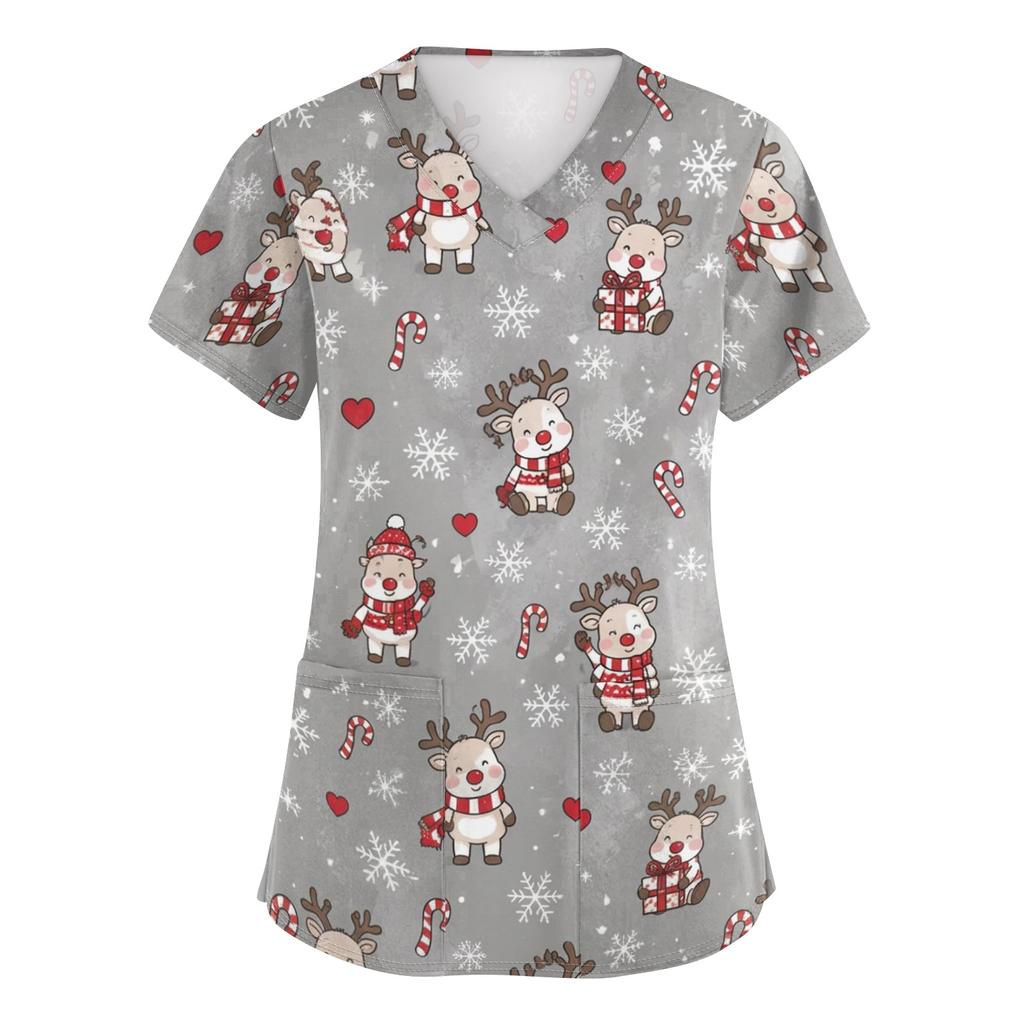 Women's V-Neck Print Scrub Top with Pockets and Side Slits, Short Sleeve Caregiver Uniform Shirt