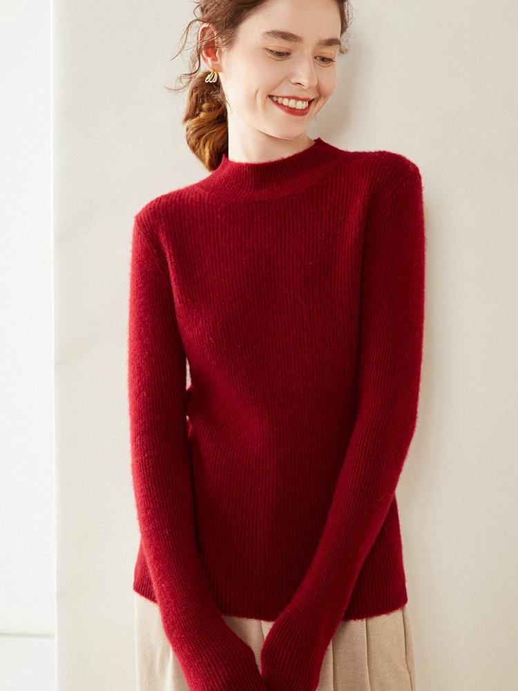 Women's Double-Strand Thickened Cashmere Sweater - Half-High Collar, Loose Fit, Autumn/Winter Pullover Knit Base Layer.