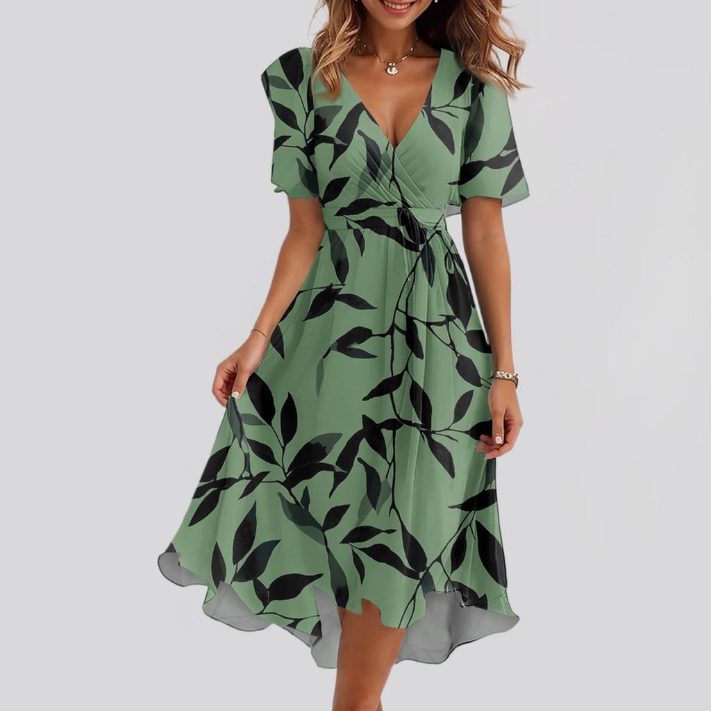 Damen Locker Lässig V-Ausschnitt Ausgestellter Rock Kurzärmlig Bedrucktes Kleid Bedrucktes Kleid