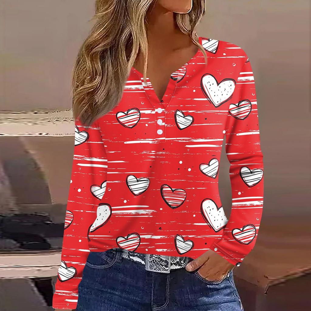 Women's T Shirt Tee Valentine's Day Printed Button Long Sleeve Tunic Daily Weekend Fashion Basic V- Neck Regular Top