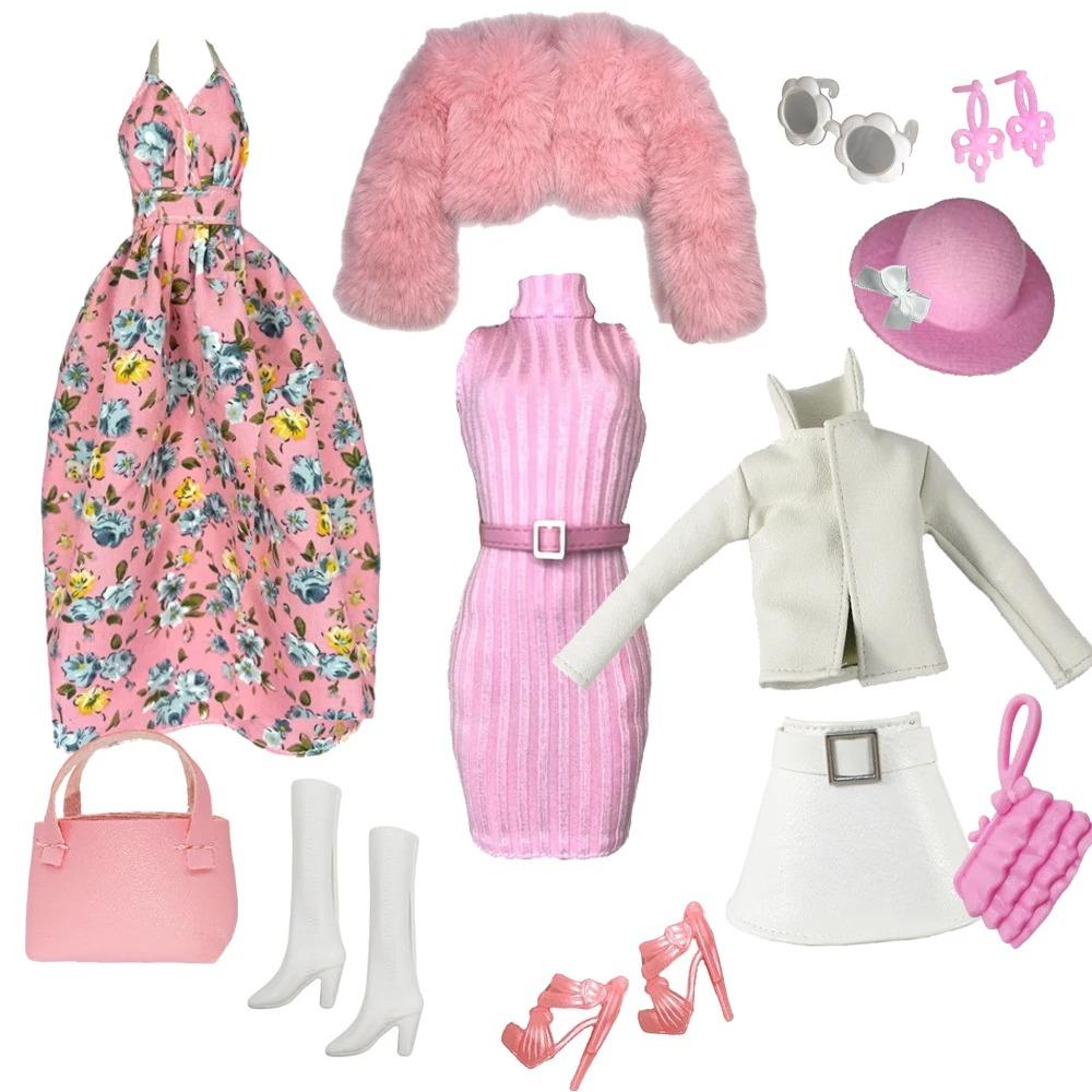 Elegantes Puppenoutfit für 1/6 Puppe Modepuppe Rosa Hahnentritt-Kleid Hut Goldener Gürtel Handtasche mit Schuhen Set