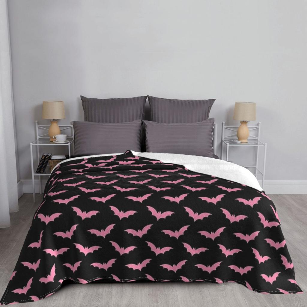 Pink Bat Halloween Goth Blankets Flannel Spring Autumn Multi-function Super Soft Throw Blanket for Bedding Couch Rug Piece