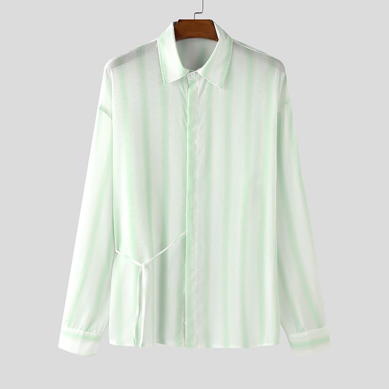 INCERUN Men Lapel Neck Long Sleeve Striped Side Lace-up Casual Oversized Shirts