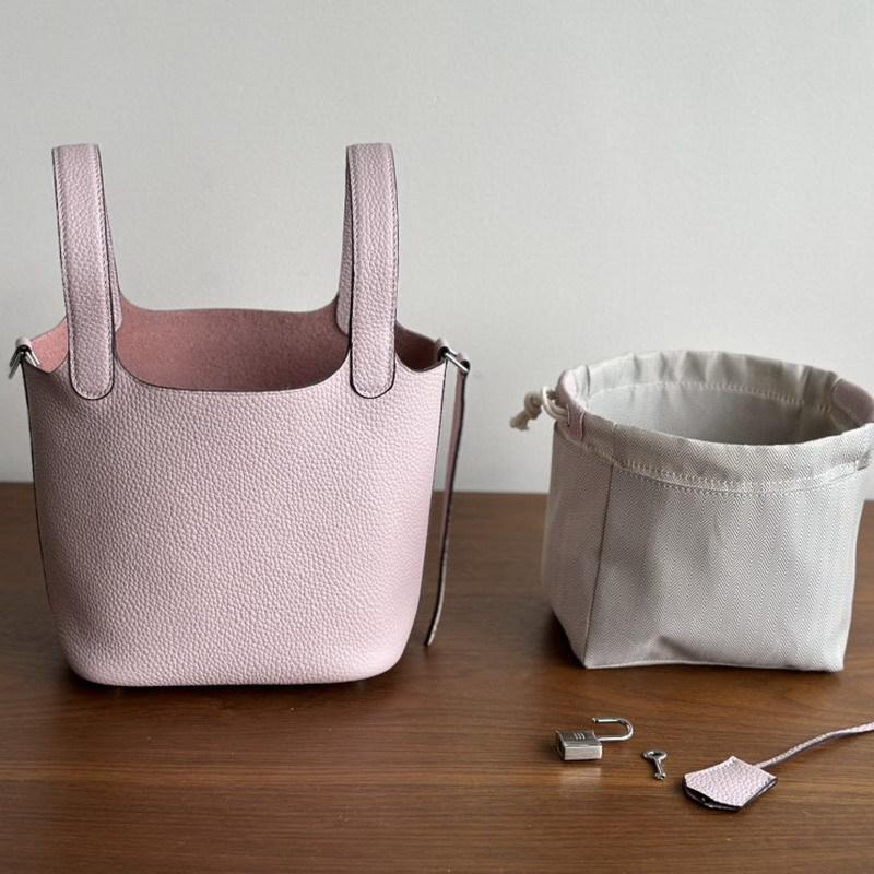 New leather first layer cowhide lychee pattern bucket bag handbag vegetable basket bag women's bag