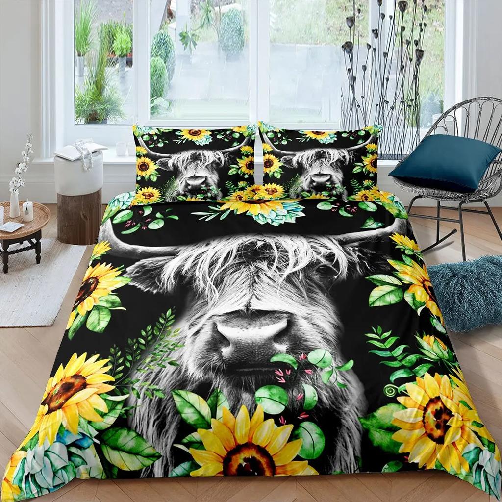 Cow Print Cow Skin Sunflower Soft Duvet Cover Carton Black plus White Beding for Women Children Kids Young Boys Young Girls Gifts for Bedrom Decoratio