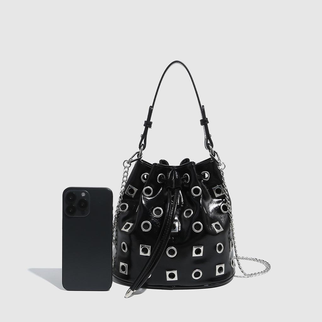 Small Bag Rivet Drawstring Bucket Bag Women Design Rivet Hollow Handbag Punk Style Hollow Shoulder Messenger Chain Women's Bag